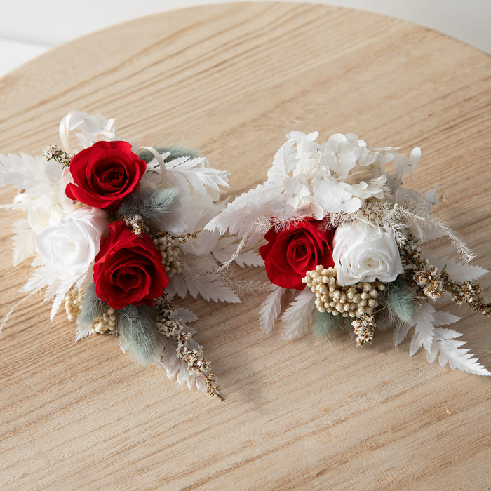 Red + White Rose Corsage + Buttonhole Set