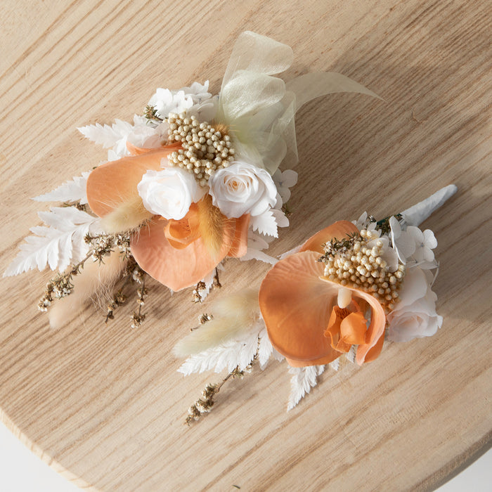 Orchid + Roses Corsage + Buttonhole Set