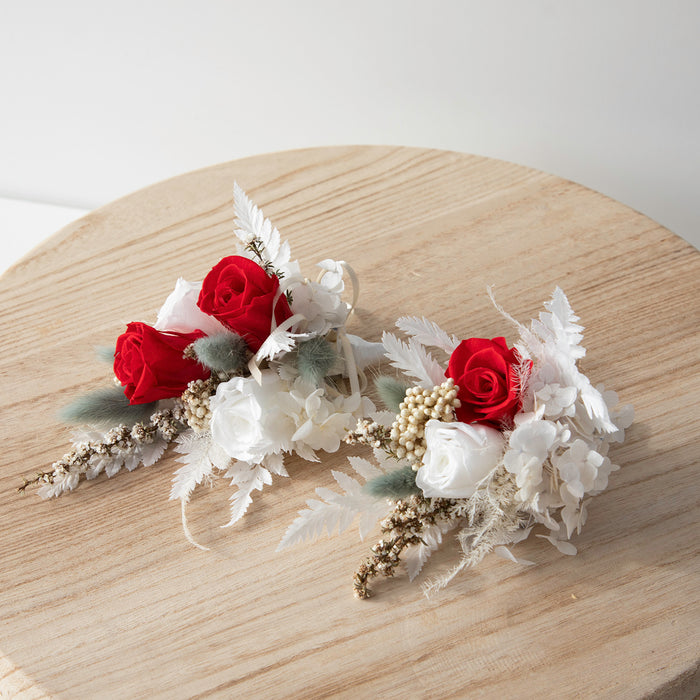 Red + White Rose Corsage + Buttonhole Set