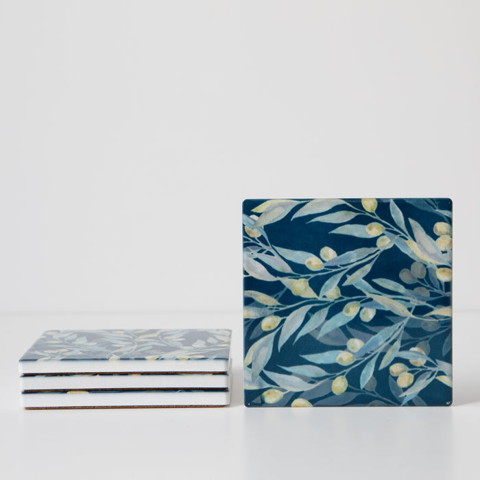 Olive Branches Dusty Blue Coasters